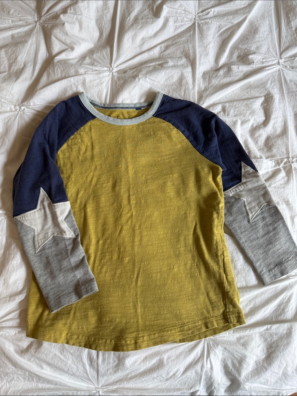 Mini Boden Boy’s Raglan Sleeve Shirt Star Elbow Patch, Yellow and Navy, size 6-7